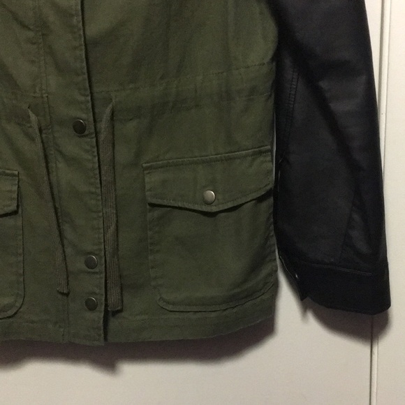 Green Military Jacket with Faux Leather Sleeves - Picture 2 of 7